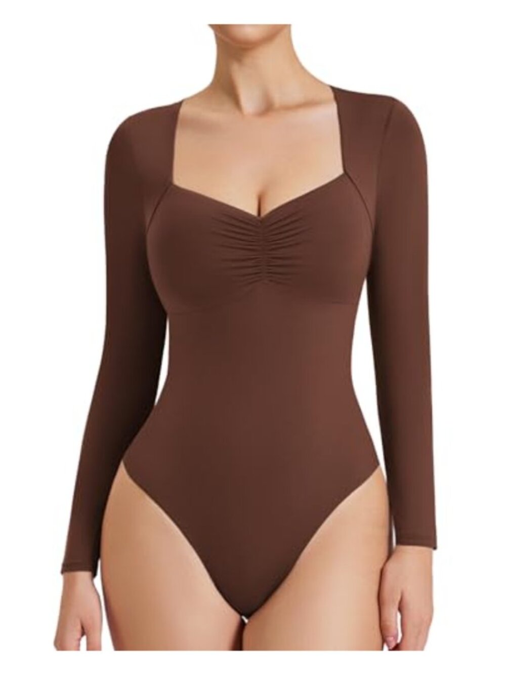 Avidlove Sweetheart Neckline Ruched Long Sleeve Bodysuit Slim Fit